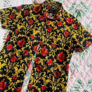 Men’s Denim & Flower Red and Gold Men’s Casual Button Down Shirt